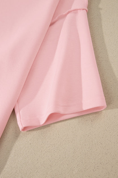 Solid Color Exposed Seam Mock Neck Oversize Tee Casual Shorts 2pcs Outfit
