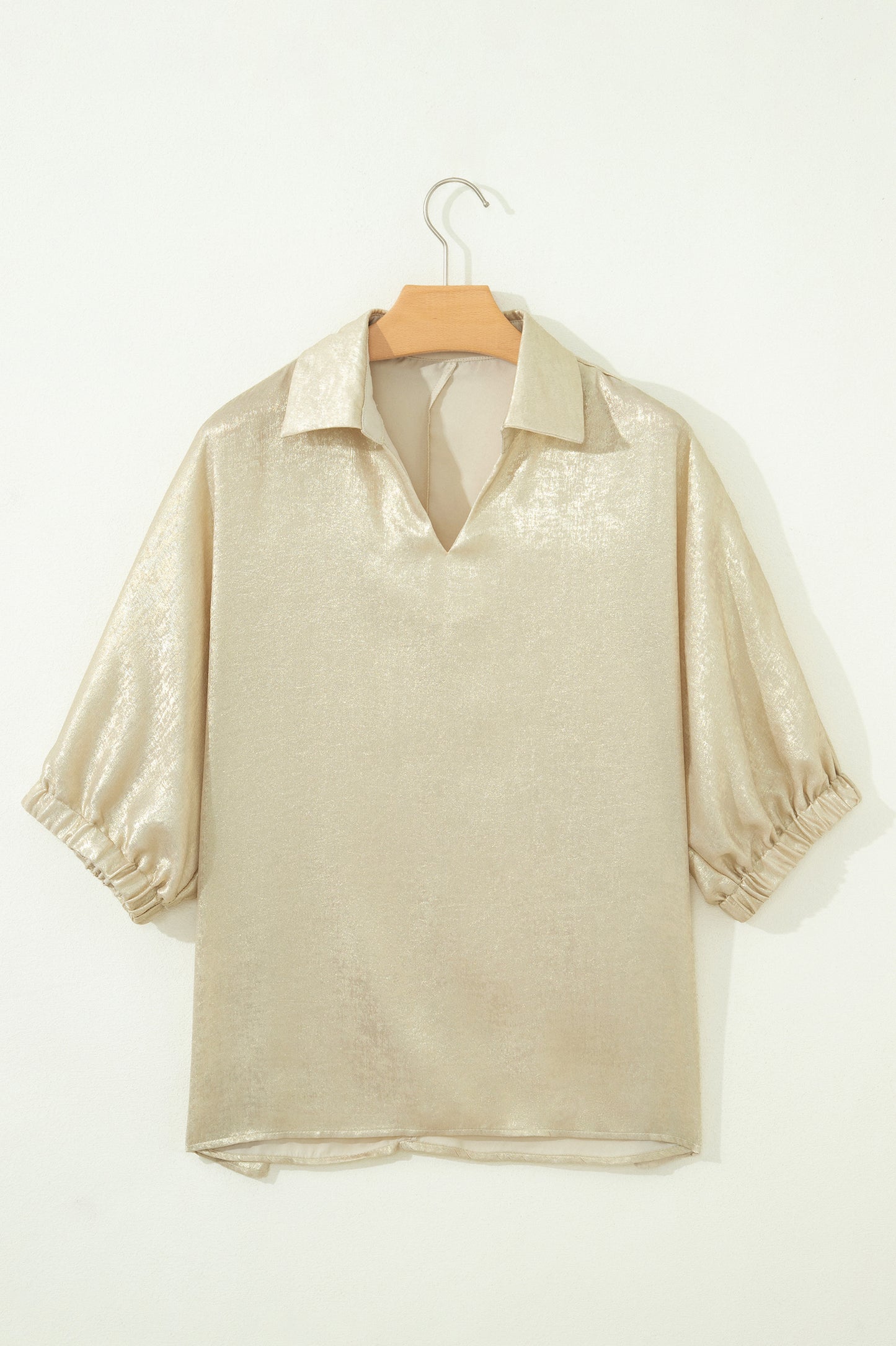 Collared V Neck Half Sleeve Metallic Top