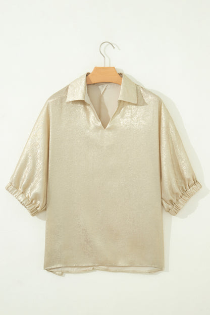 Collared V Neck Half Sleeve Metallic Top