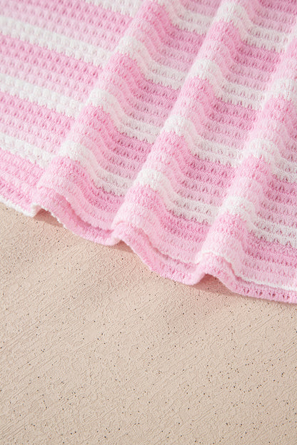 Pink Striped Print Waffle Knit T Shirt