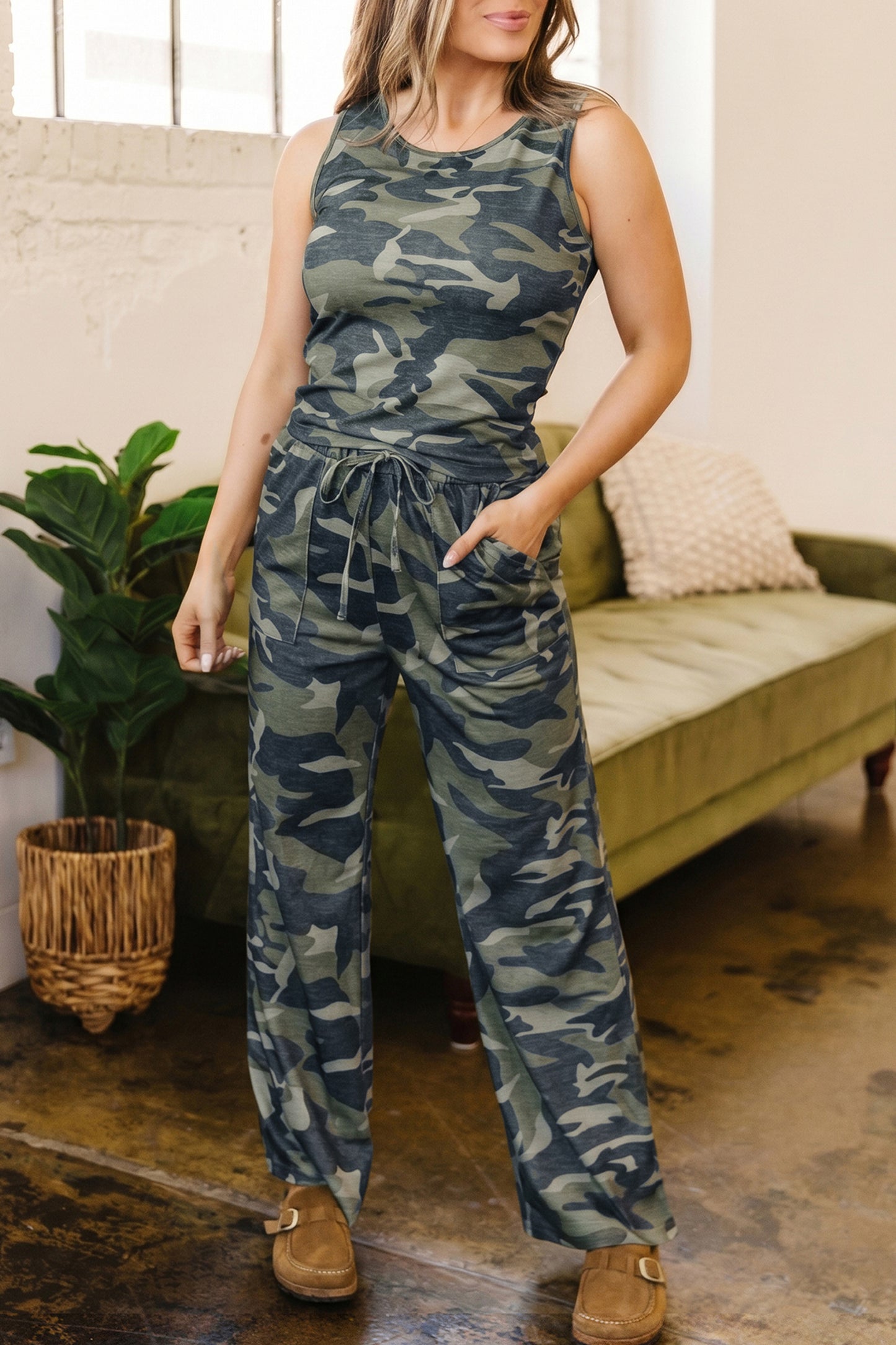 Camouflage Print Slim Tank Drawstring Pant Set