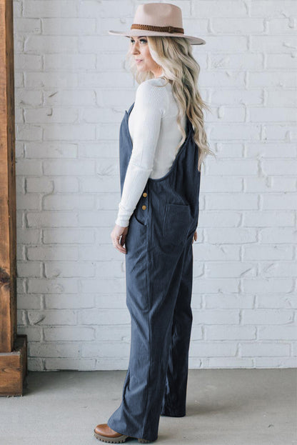 Button Adjustable Straps Solid Color Corduroy Jumpsuit