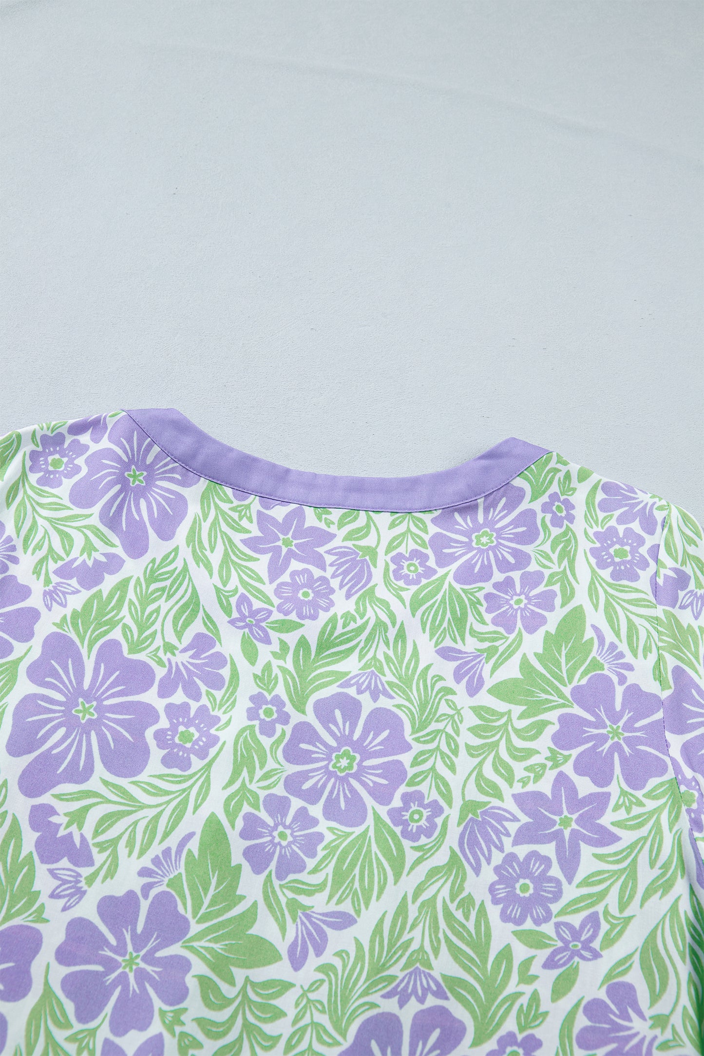 Floral Print Ruffled Color Block Trim Half Sleeve Blouse