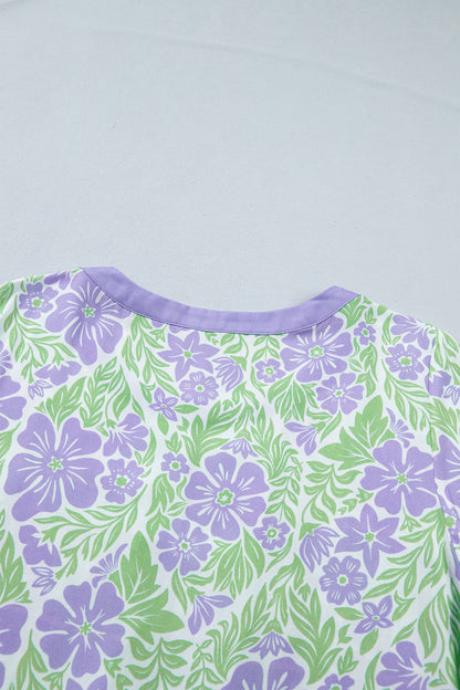 Floral Print Ruffled Color Block Trim Half Sleeve Blouse