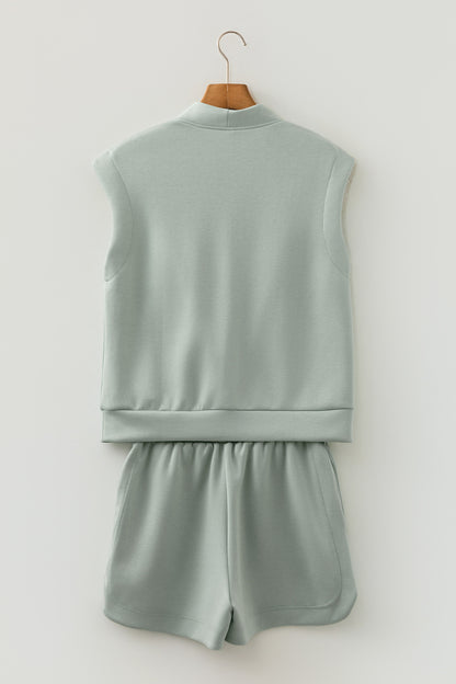 Quarter Zip Sleeveless Top Drawstring Shorts Casual 2pcs Outfit