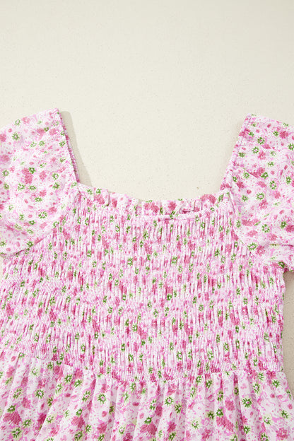 Floral Short Bubble Sleeve Shirred High Waist Maxi Dress