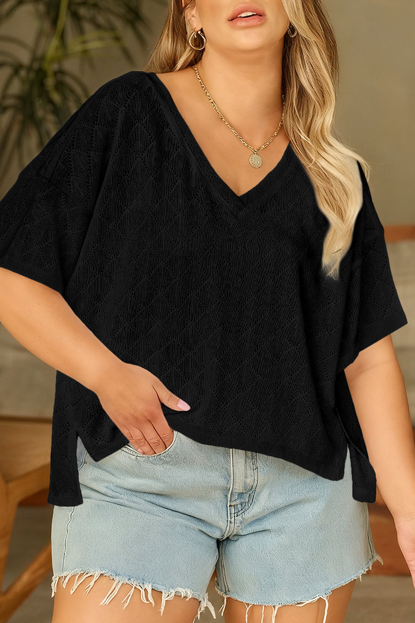 Golden Fleece Pointelle Rhombus Knit Plus Size V Neck Loose Top