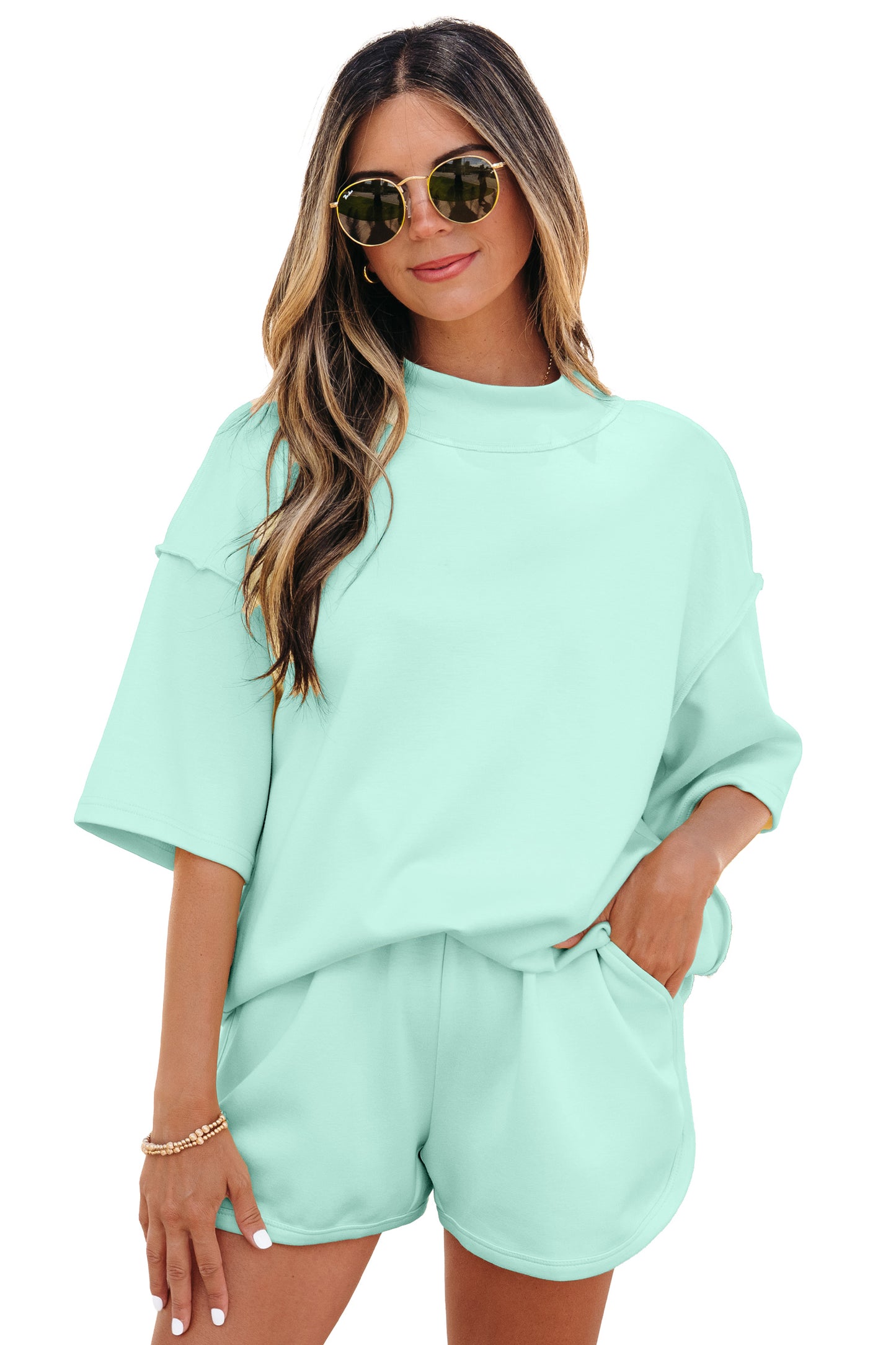 Solid Color Exposed Seam Mock Neck Oversize Tee Casual Shorts 2pcs Outfit