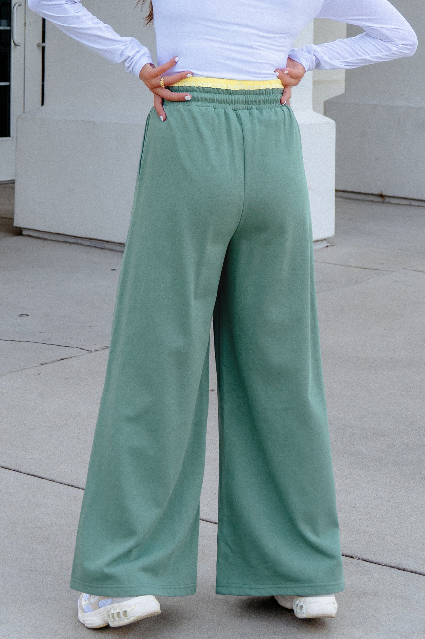 Color Block Flower Patchwork Drawstring Contrasted Elastic Waist Wide Leg Pants