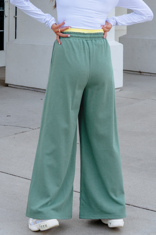 Color Block Flower Patchwork Drawstring Contrasted Elastic Waist Wide Leg Pants