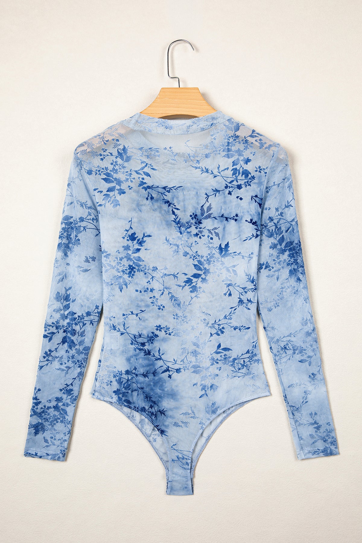 Sky Blue Sheer Mesh Floral Printed Mock Neck Long Sleeve Bodysuit