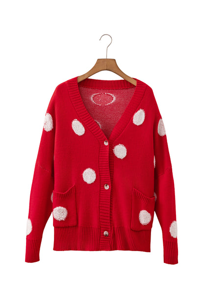 Polka Dot Button Front Oversized V Neck Cardigan