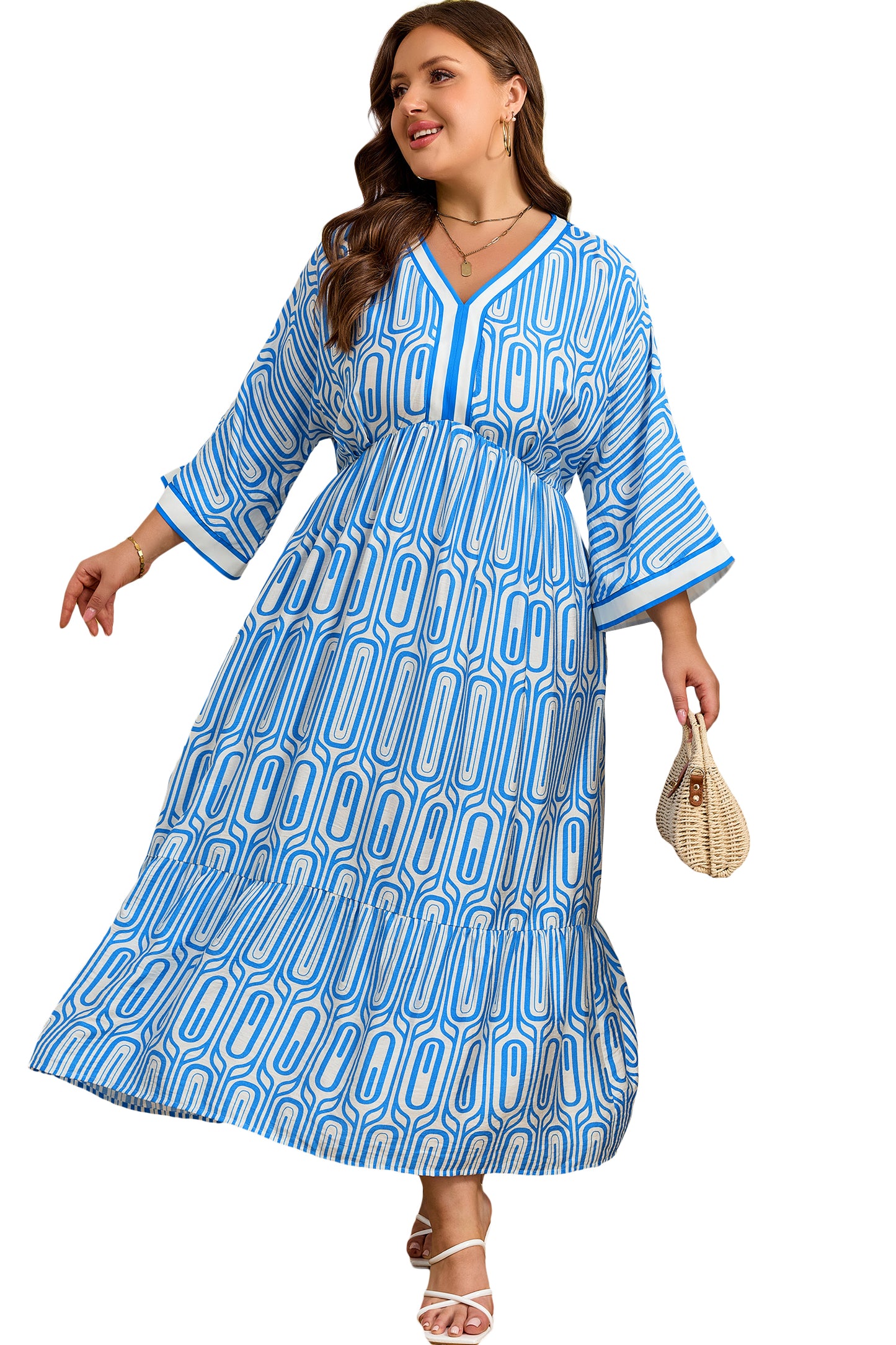 Plus Size Geometric Print Contrast Trim V Neck Bracelet Sleeve Long Dress