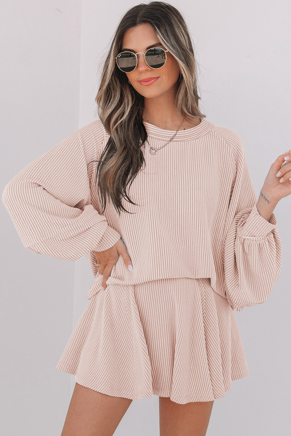 Corded Lantern Sleeve Top High Waist Ruffled Mini Skort Set