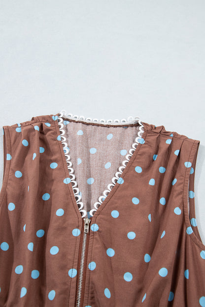 Polka Dot Print Contrast Trim V Neck Zip Up Sleeveless Dress