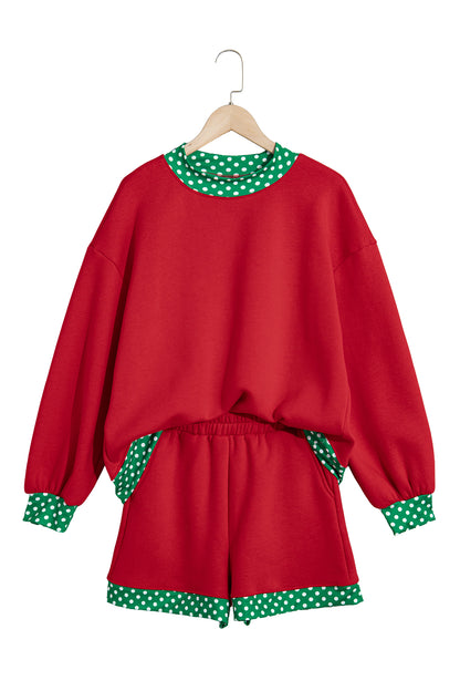 Polka Dot Trim Baggy Pullover 2pcs Short Set