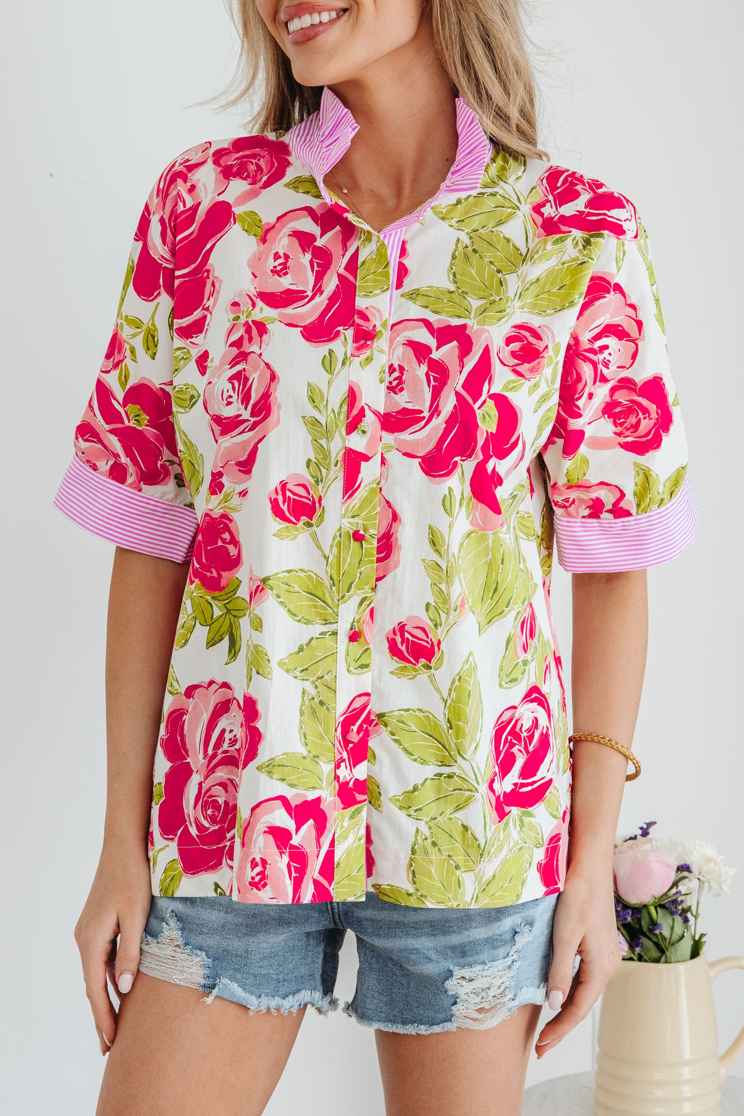 Pink Flower Print Striped Trim Frilled Collar Short Sleeve Shirt
