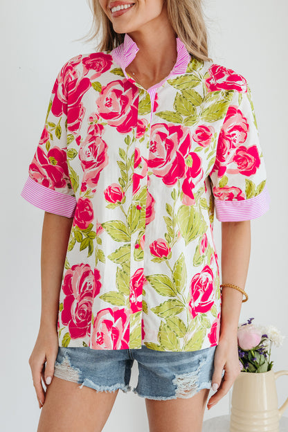Pink Flower Print Striped Trim Frilled Collar Short Sleeve Shirt
