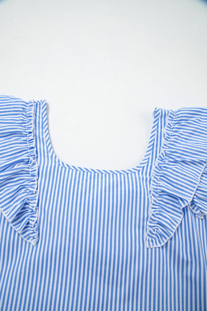 Sky Blue Stripe Square Neck Bow Decor Frilly Ruffled Short Sleeve Blouse