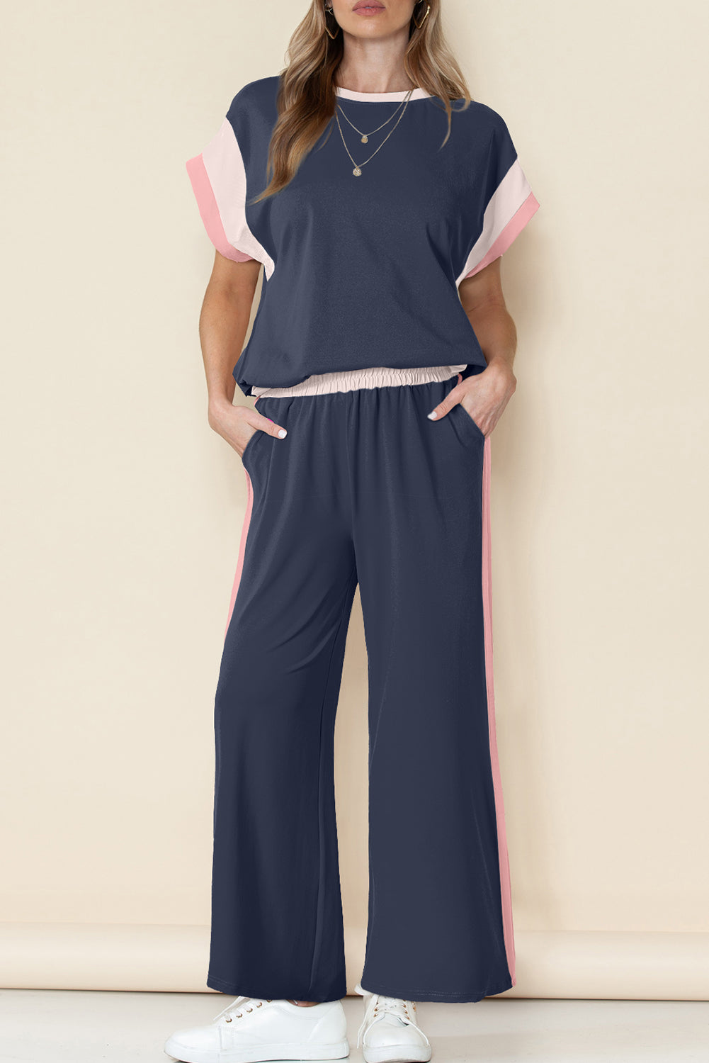 Color Block Detail Casual Two-piece Set