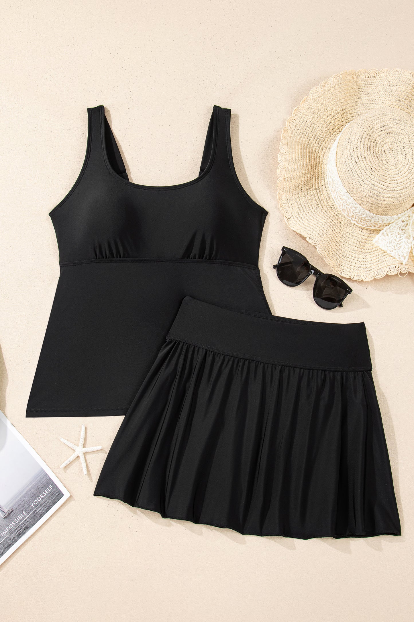 Black Scoop Neck Adjustable Tankini and Matching Skort Bathing Suit