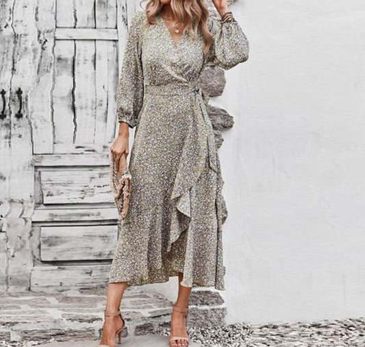 Ditsy Floral Vneck Ruffled Hem Wrap Midi Dress | Dress - Women's | 011624, Dress, LK, midi dress, new arrival | Elings