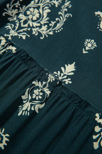 Blue Boho Floral Print Lettuce Trim 3/4 Sleeve Mini Dress