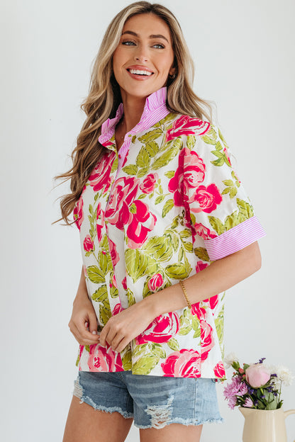 Pink Flower Print Striped Trim Frilled Collar Short Sleeve Shirt