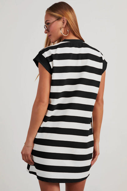 Black Stripe Cap Sleeve Shift T Shirt Dress
