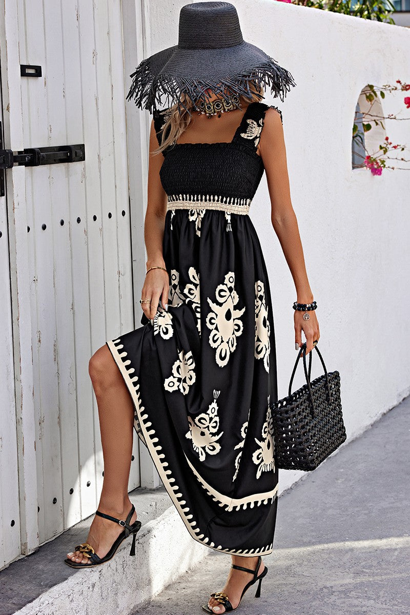 Ruched Square Neck Sleeveless High Waist Empire Dress
