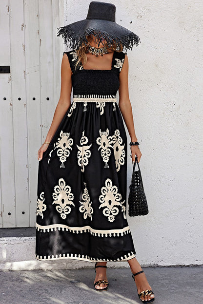 Ruched Square Neck Sleeveless High Waist Empire Dress