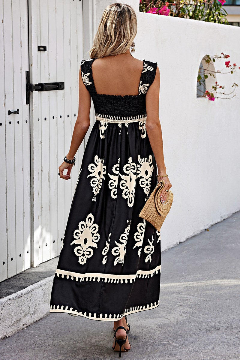Ruched Square Neck Sleeveless High Waist Empire Dress