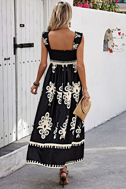Ruched Square Neck Sleeveless High Waist Empire Dress