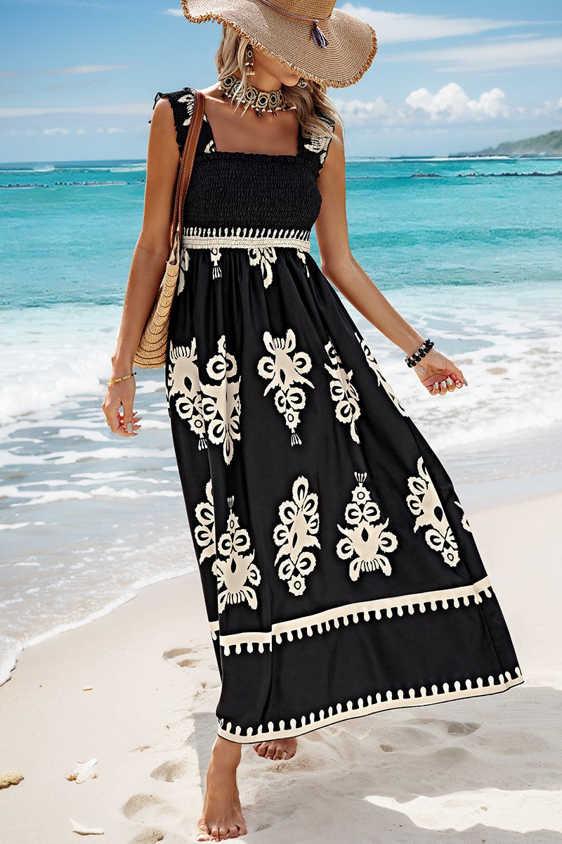 Ruched Square Neck Sleeveless High Waist Empire Dress