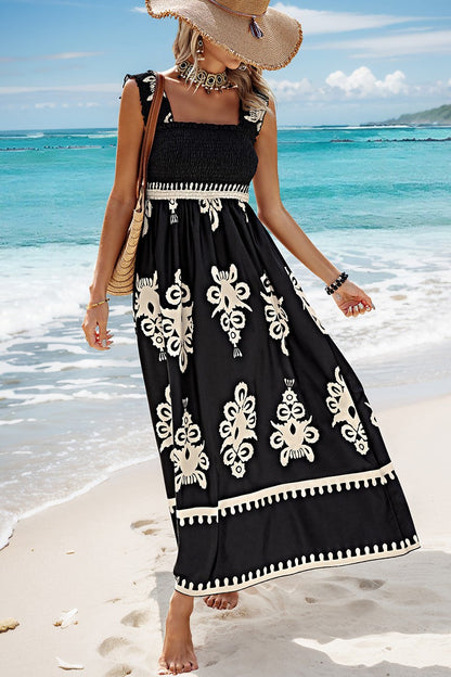 Ruched Square Neck Sleeveless High Waist Empire Dress