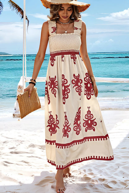 Ruched Square Neck Sleeveless High Waist Empire Dress