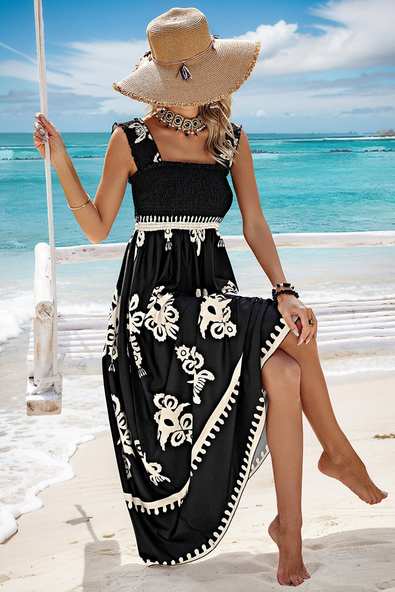Ruched Square Neck Sleeveless High Waist Empire Dress