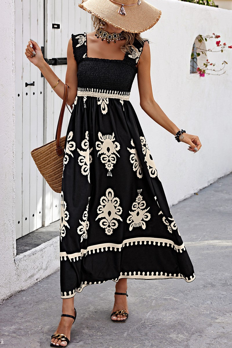 Ruched Square Neck Sleeveless High Waist Empire Dress