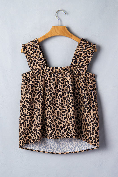 Brown Leopard Print Frilled Square Neck Tank Top