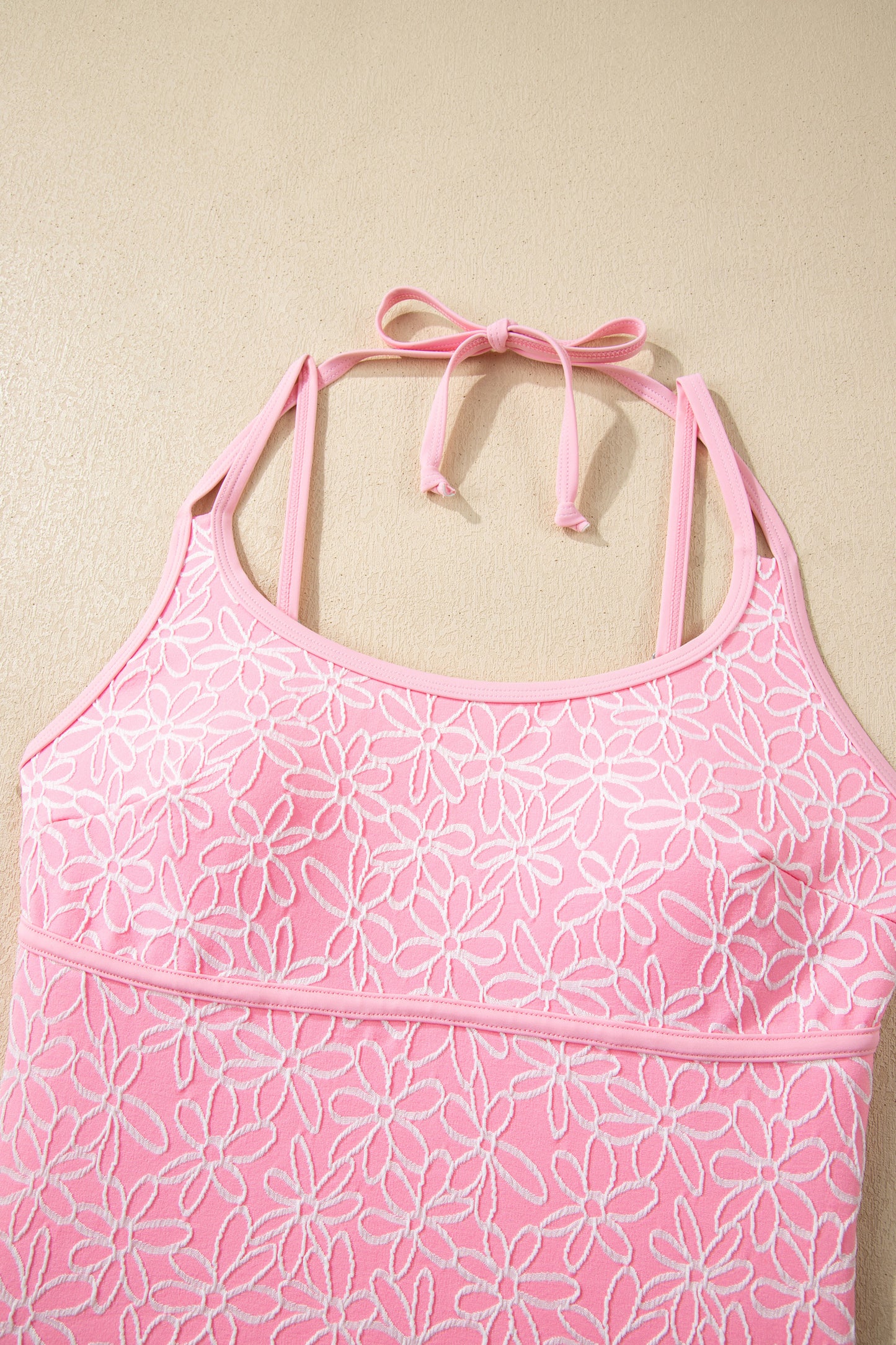 Pink Corded Flower Texture Spaghetti Straps Halterneck One Piece Swimsuit