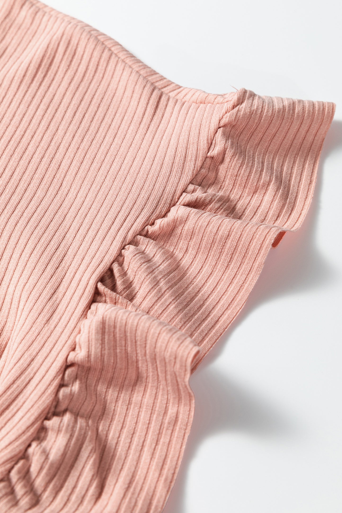 Jungle Green Solid Color Ribbed Ruffled Short Sleeve T Shirt