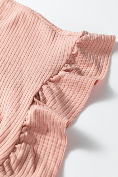 Jungle Green Solid Color Ribbed Ruffled Short Sleeve T Shirt