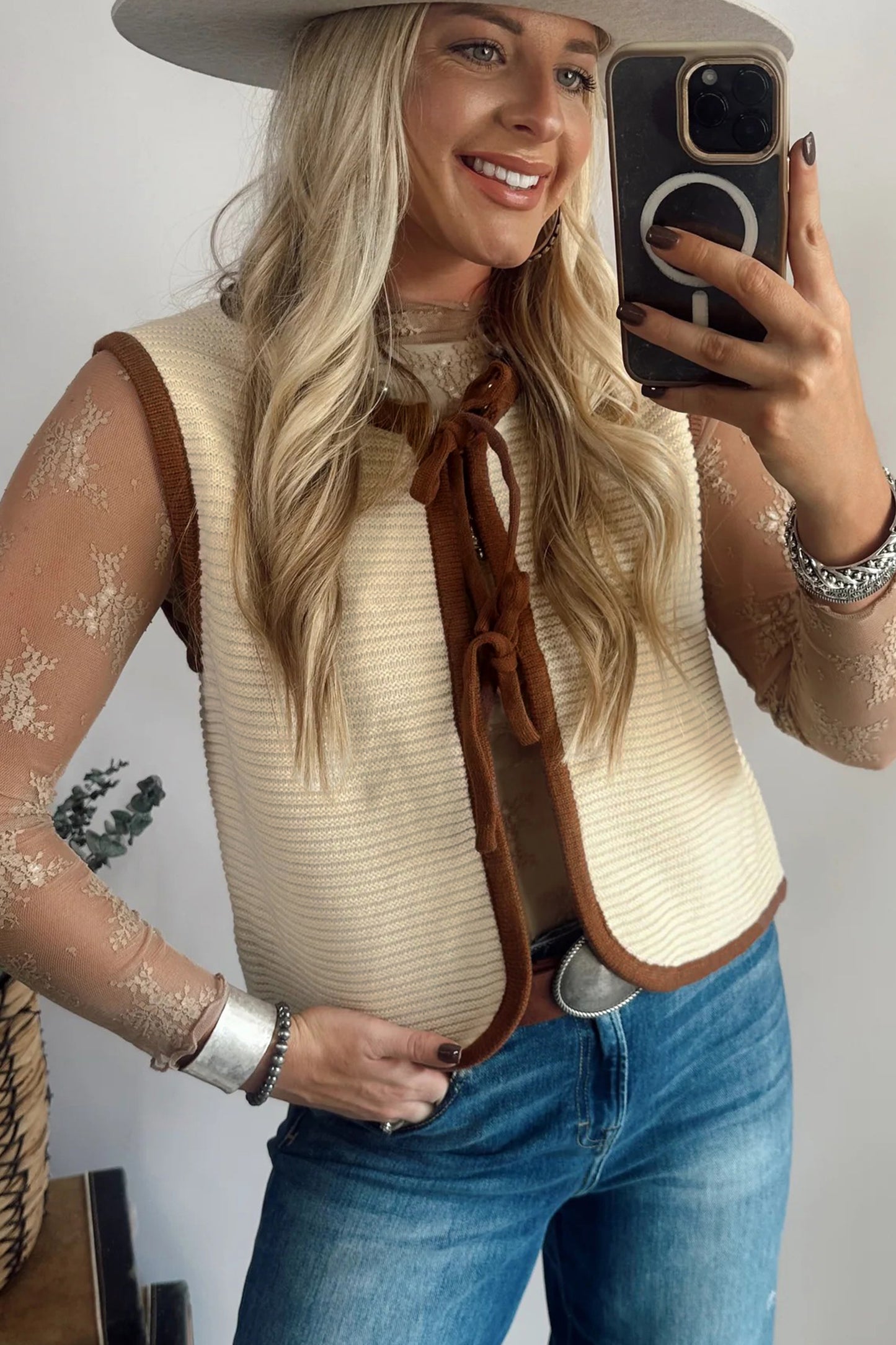 White Horizontal Ribbed Knit Contrast Trim Ties Front Sweater Vest