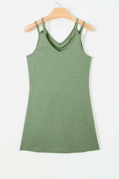 Grass Green Solid Color Lace Detail V Neck Sleeveless Shift Mini Dress