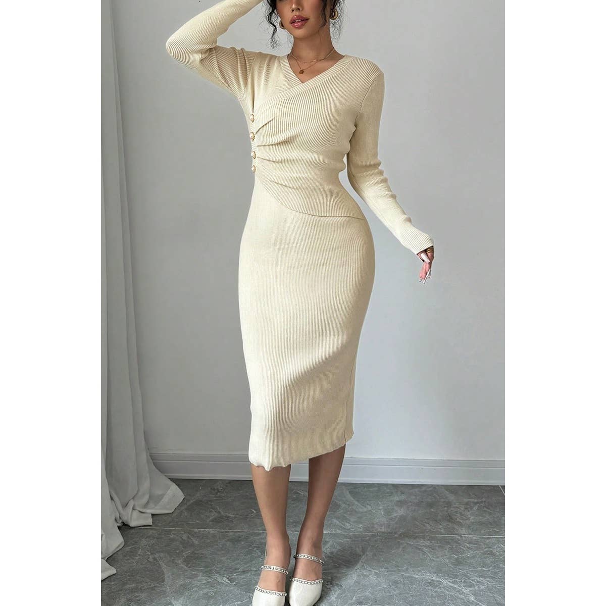 Solid Cross Wrap Knit Button Trim Bodycon Sweater