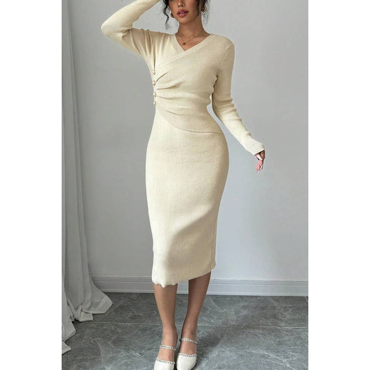 Solid Cross Wrap Knit Button Trim Bodycon Sweater