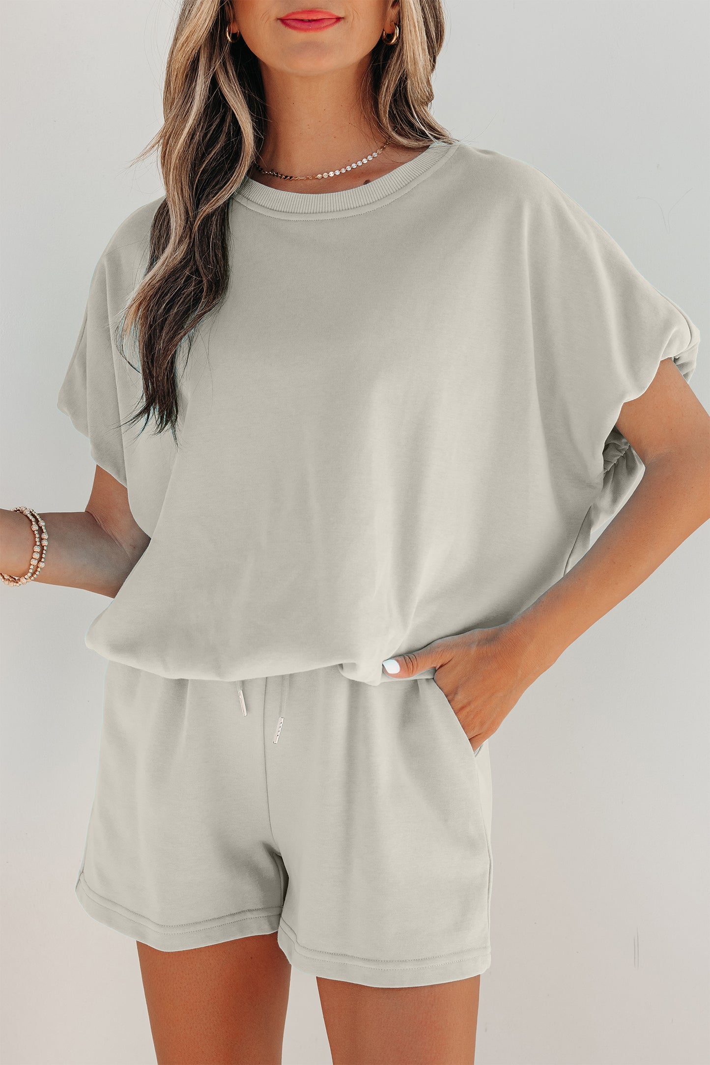 Solid Color Puffy Loose Top Drawstring Shorts 2pcs Outfit