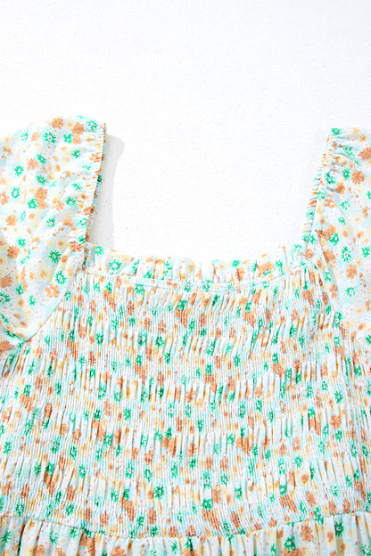 Floral Short Bubble Sleeve Shirred High Waist Maxi Dress