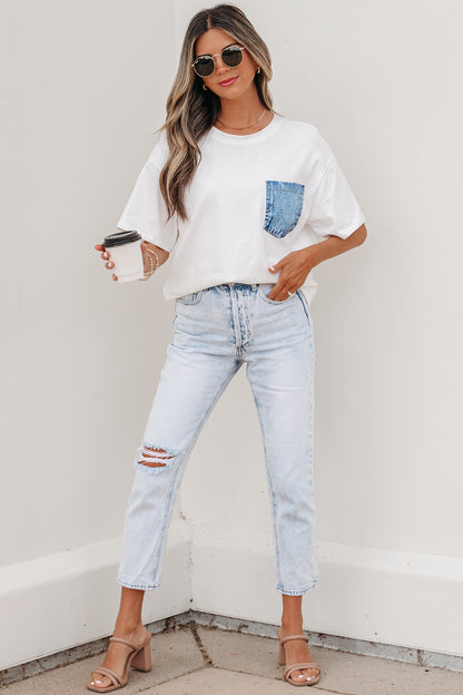 Color Block Chest Pocket Patched Casual Short Sleeve Top