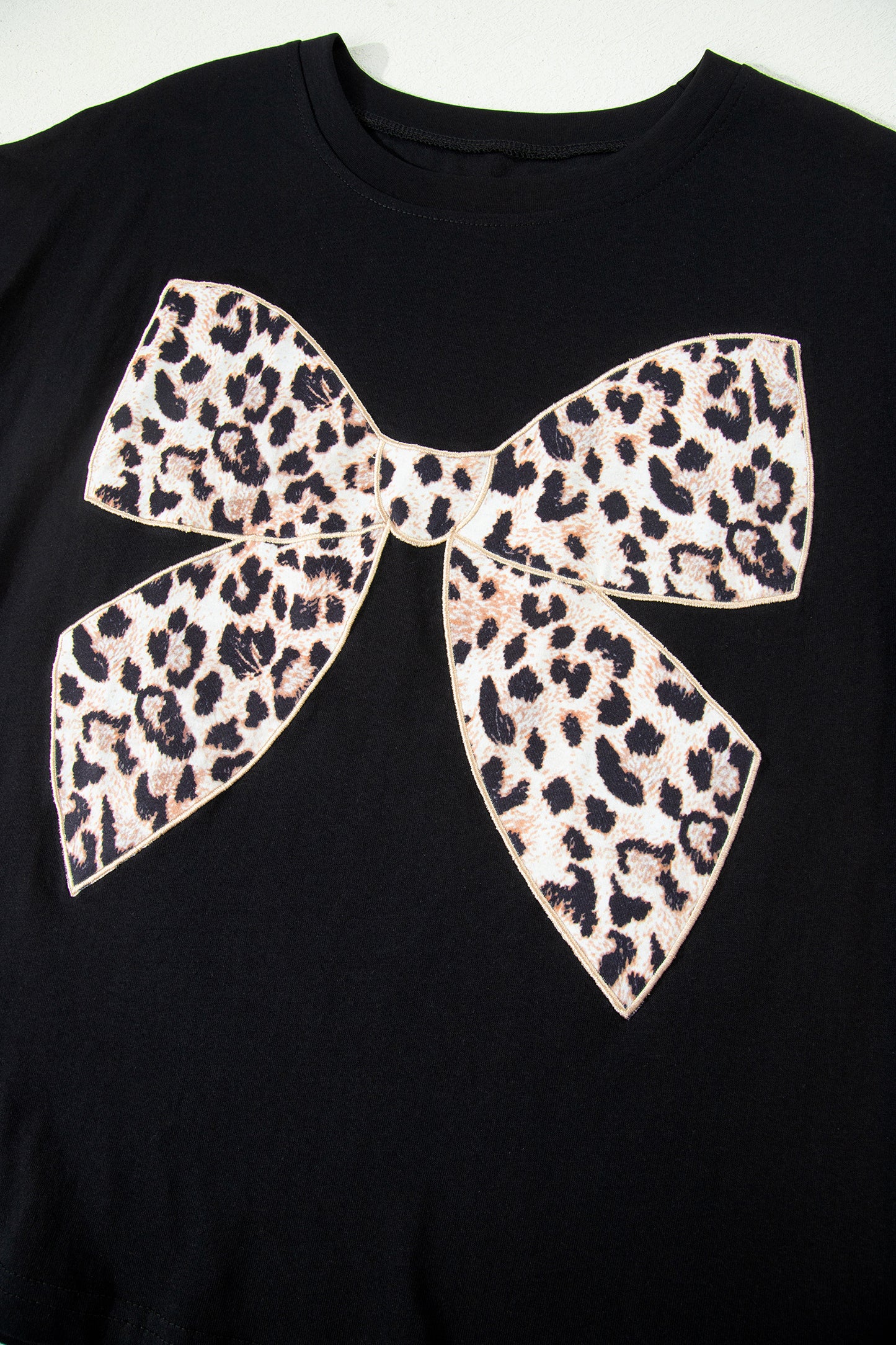 Leopard Bow Embroidered Cotton Round Neck T Shirt